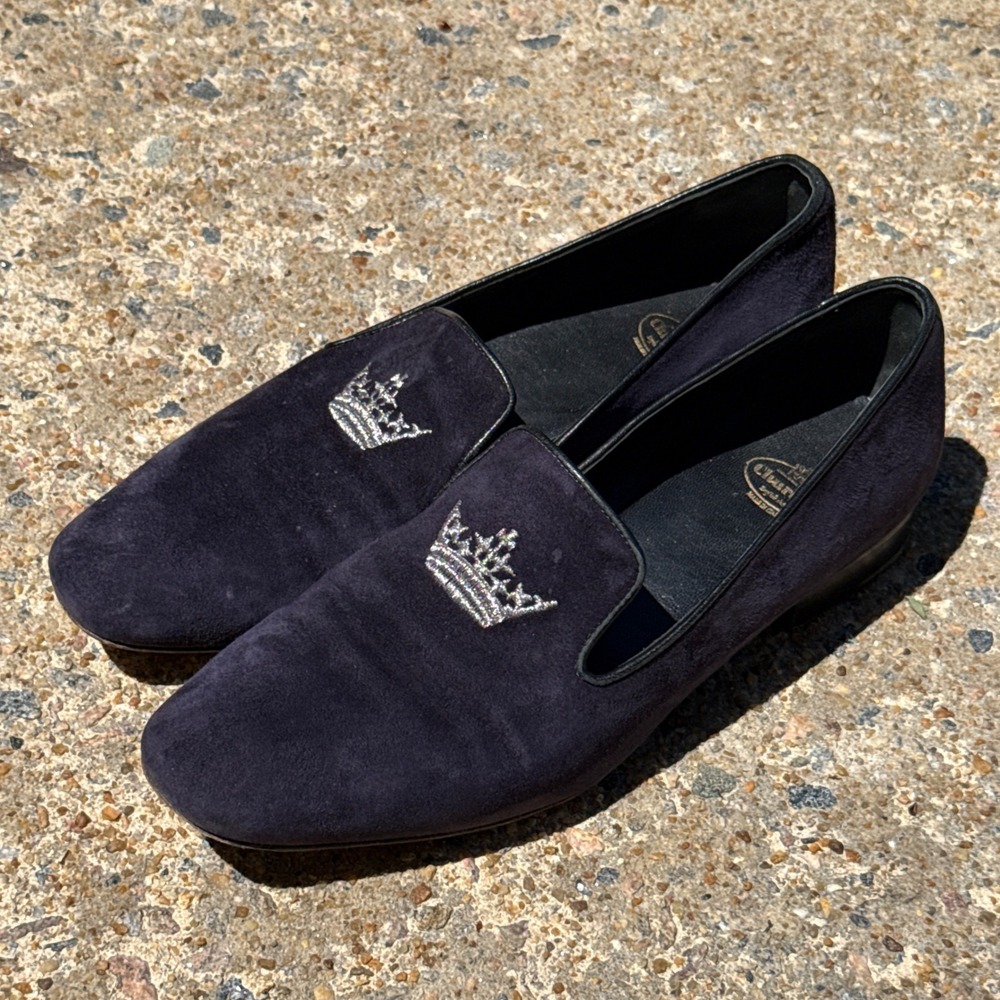 Church's Sovereign Navy Blue Velvet Crown Embroidered Slippers Loafers Italy